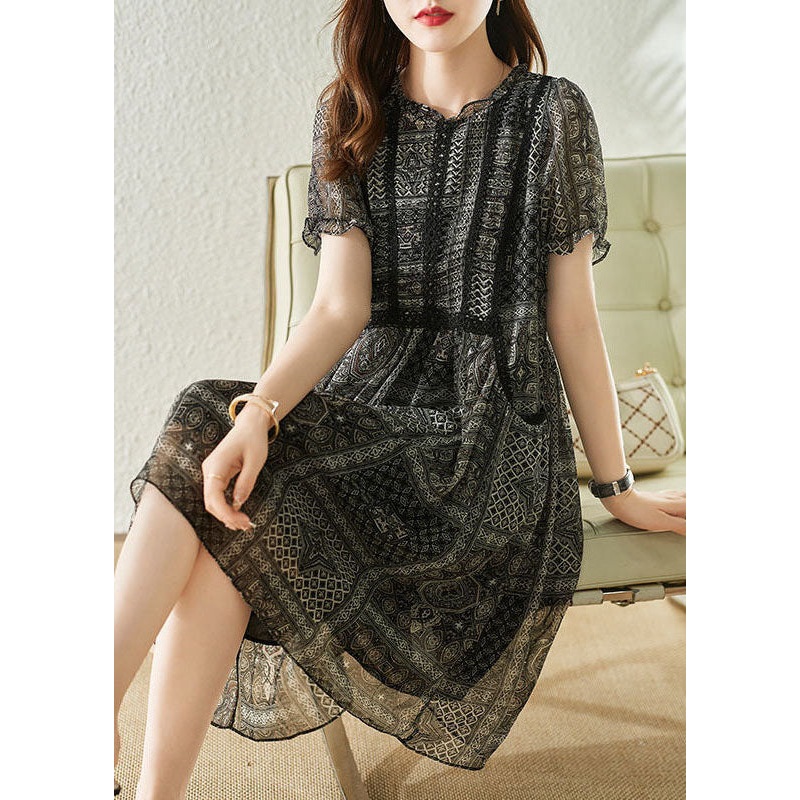 Simple Black O Neck Lace Patchwork Print Chiffon Dresses Summer