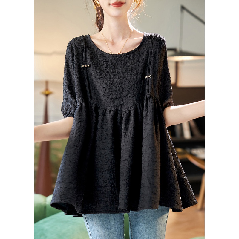 Simple Black O-Neck Patchwork Chiffon T Shirts Summer
