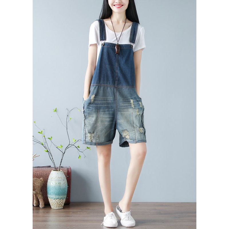Simple Denim Blue Oversized Cotton Shorts Jumpsuit Ripped Jeans Summer