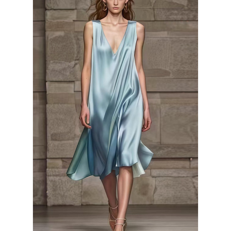 Simple Sea Blue V Neck Draping Silk Dresses Summer