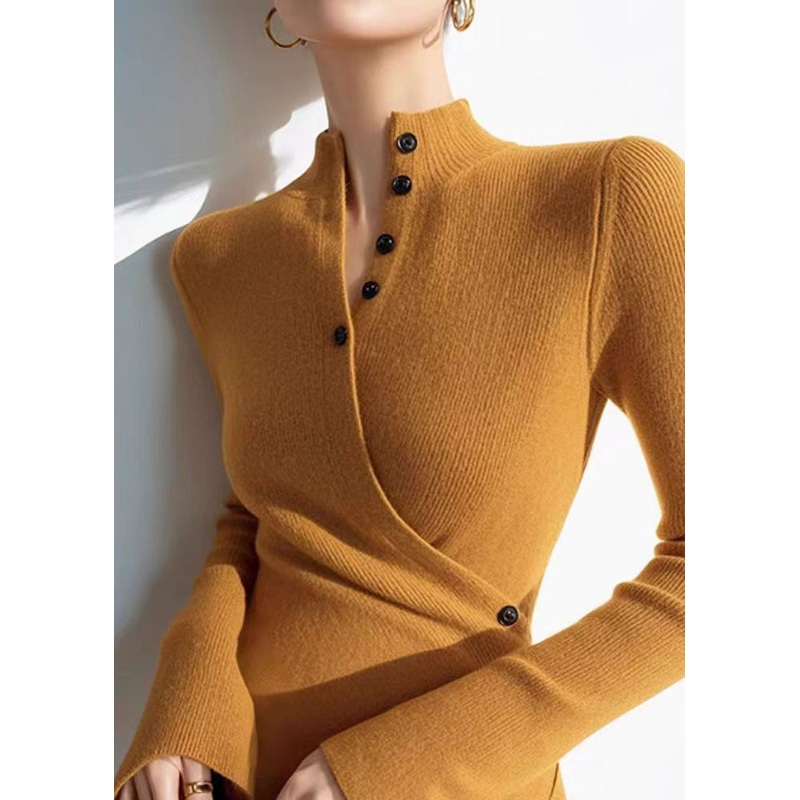 Slim Fit Yellow V Neck Wrinkled Cotton Knit Sweaters Winter