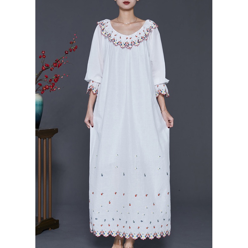 Style White Ruffled Embroidered Cotton Long Dress Spring