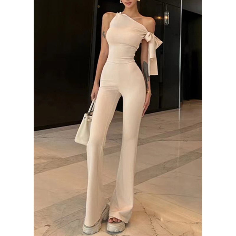 Stylish Apricot One Shoulder Knit Top And Flared Trousers Two Piece Set Sleeveless