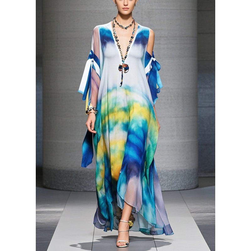 Stylish Cold Shoulder Tie Dye Chiffon Holiday Dress Summer