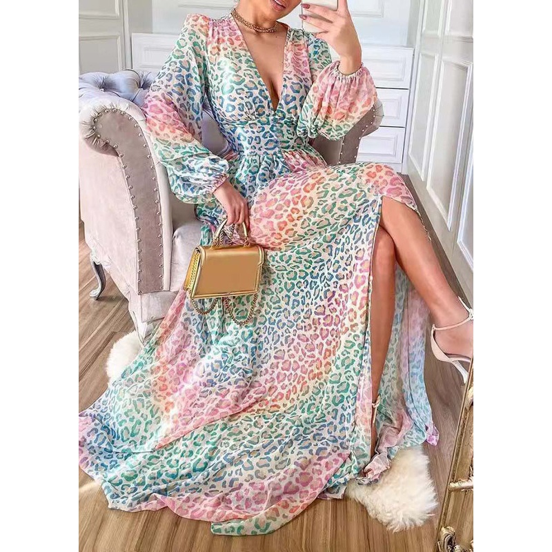 Stylish Leopard V Neck Side Open Cotton Long Dress Lantern Sleeve