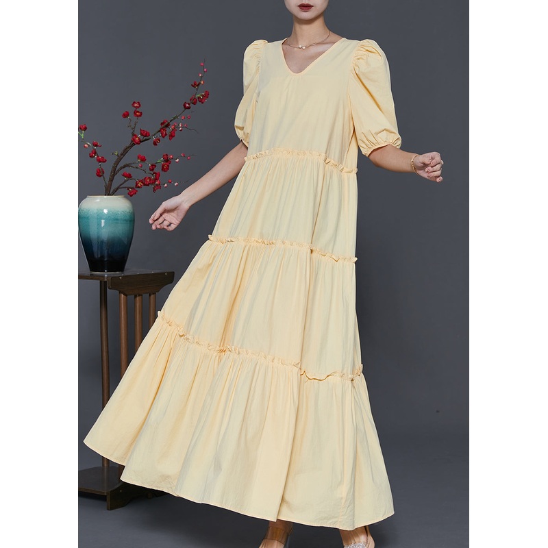 Stylish Yellow Ruffled Puff Sleeve Cotton Dresses Summer