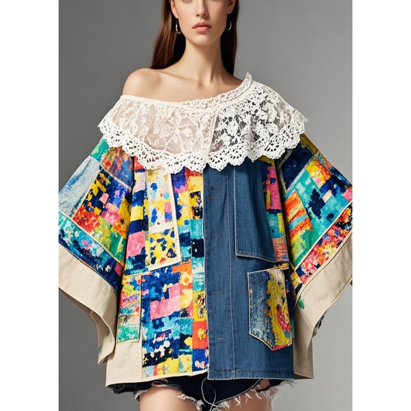 Unique Asymmetrical Lace Patchwork Print Denim Coats Fall