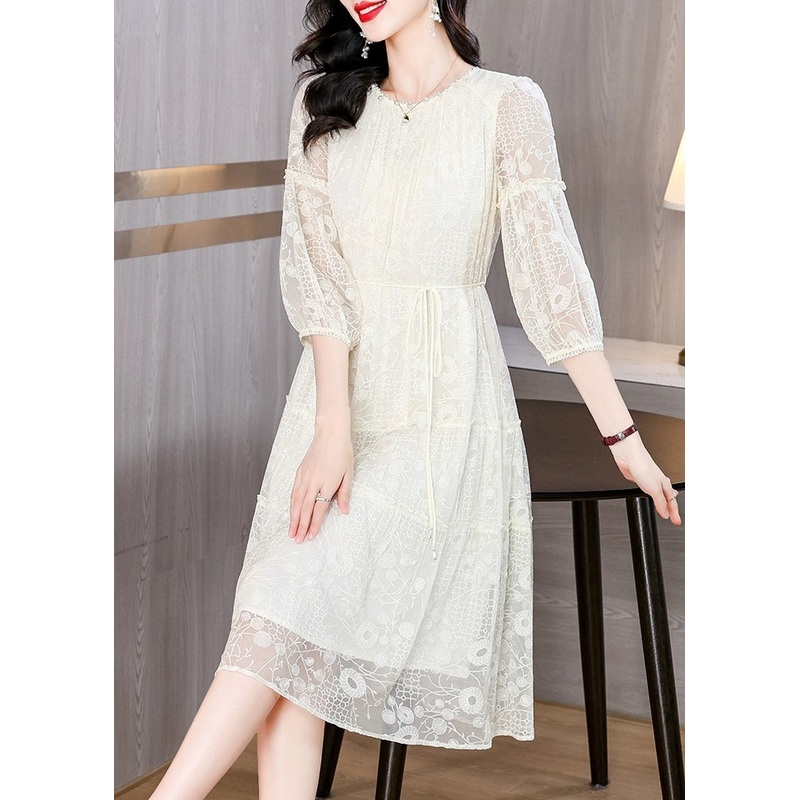 Unique Beige Embroidered Wrinkled Patchwork Silk Dress Summer