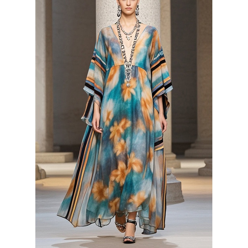 Unique Blue Oversized Print Chiffon Maxi Dresses Batwing Sleeve