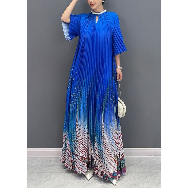 Unique Blue Stand Collar Print Wrinkled Long Dress Summer
