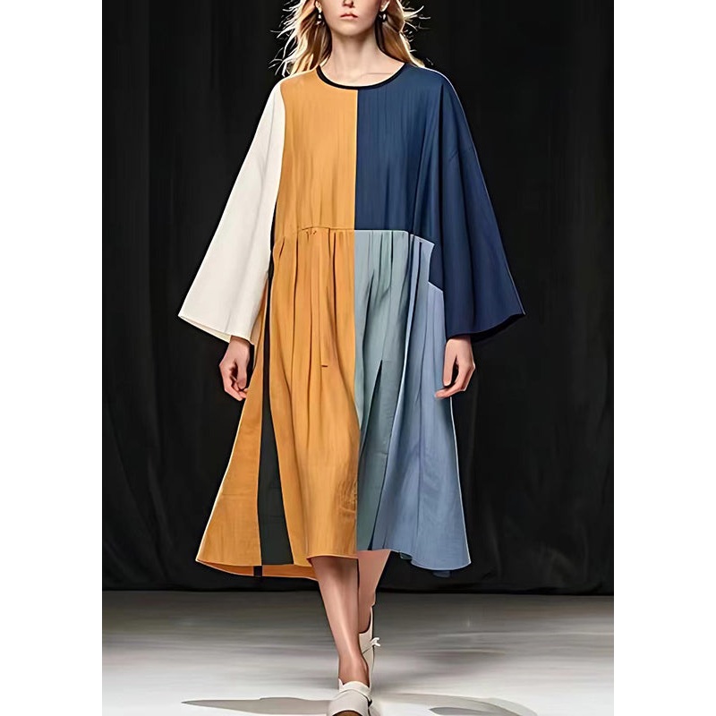 Unique Colorblock Asymmetrical Patchwork Linen Holiday Dress Summer