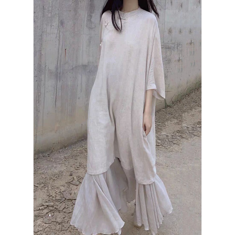 Vintage Beige Stand Collar Oriental Button Linen Long Dress Bracelet Sleeve