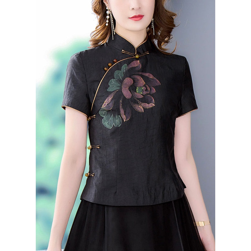 Vintage Black Stand Collar Print Chinese Button Silk Shirt Tops Summer