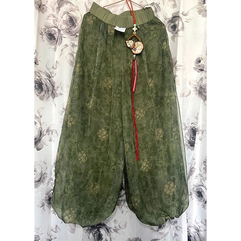 Vintage Green Print Elastic Waist Tulle Crop Pants