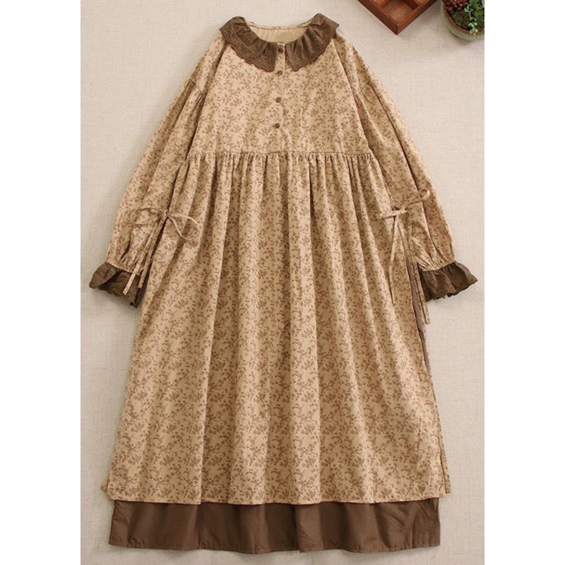 Vintage Khaki Print Lace Up Cotton Long Dresses Long Sleeve
