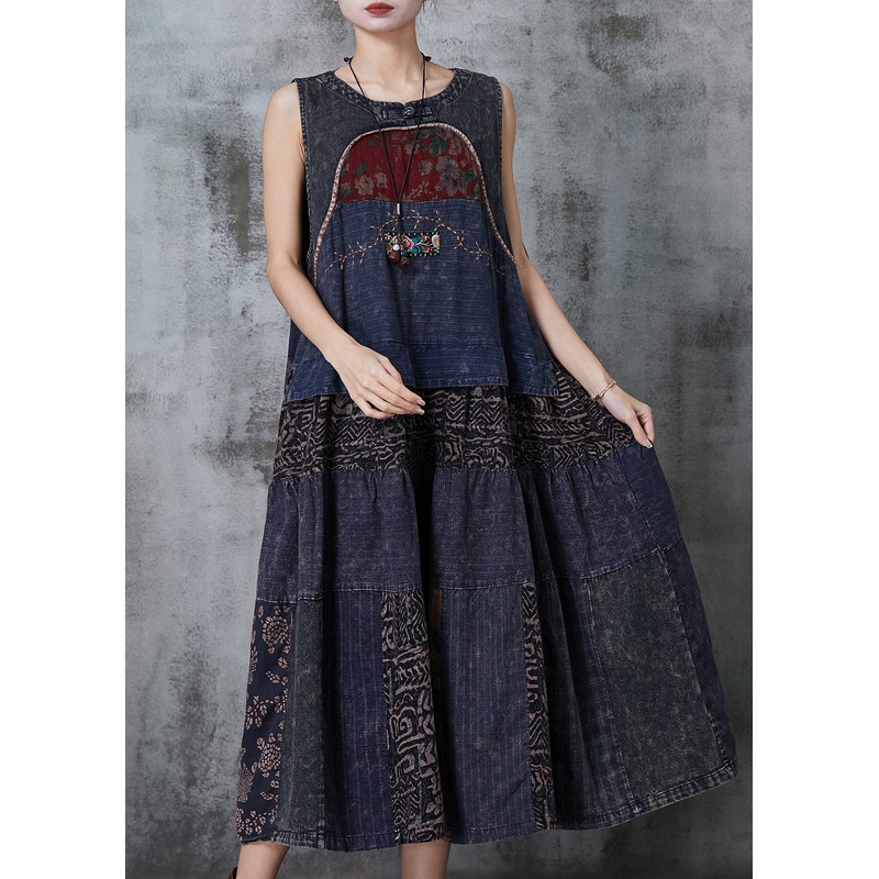 Vintage Navy Patchwork Denim National Style Dresses Spring