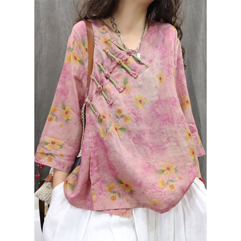 Vintage Purple V Neck Chinese Button Linen Shirt Spring