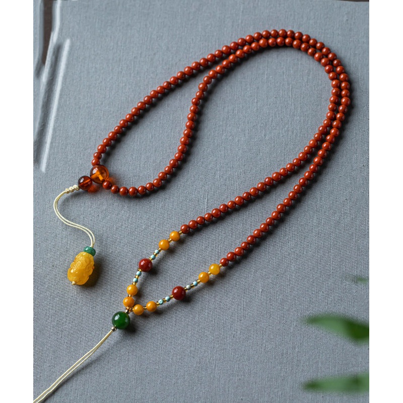 Vintage Red Hand Woven Agate Beeswax Pendant Necklace