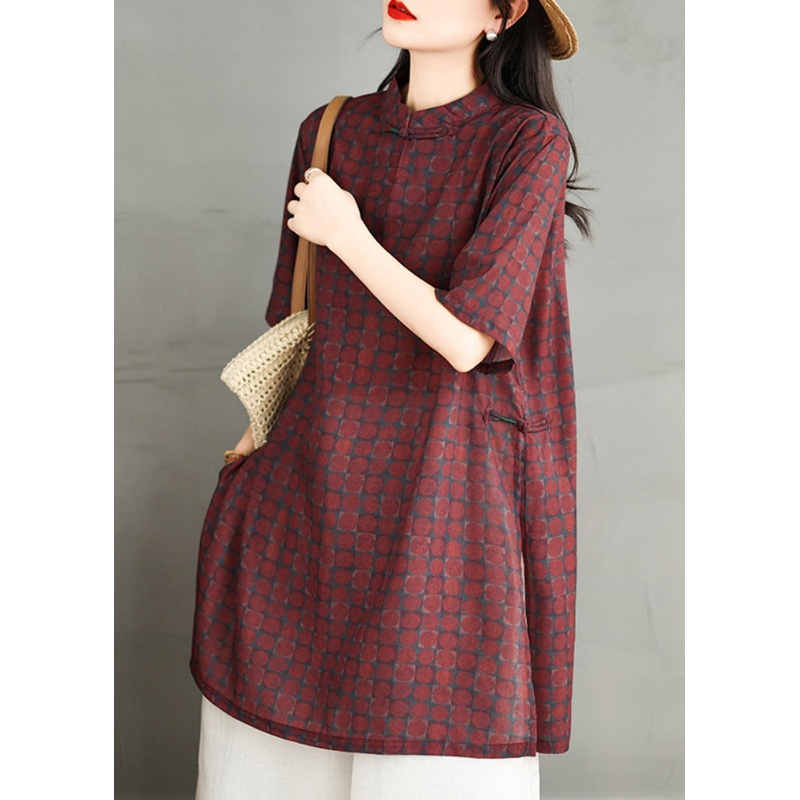 Vintage Red Stand Collar Print Side Open Cotton Dress Summer