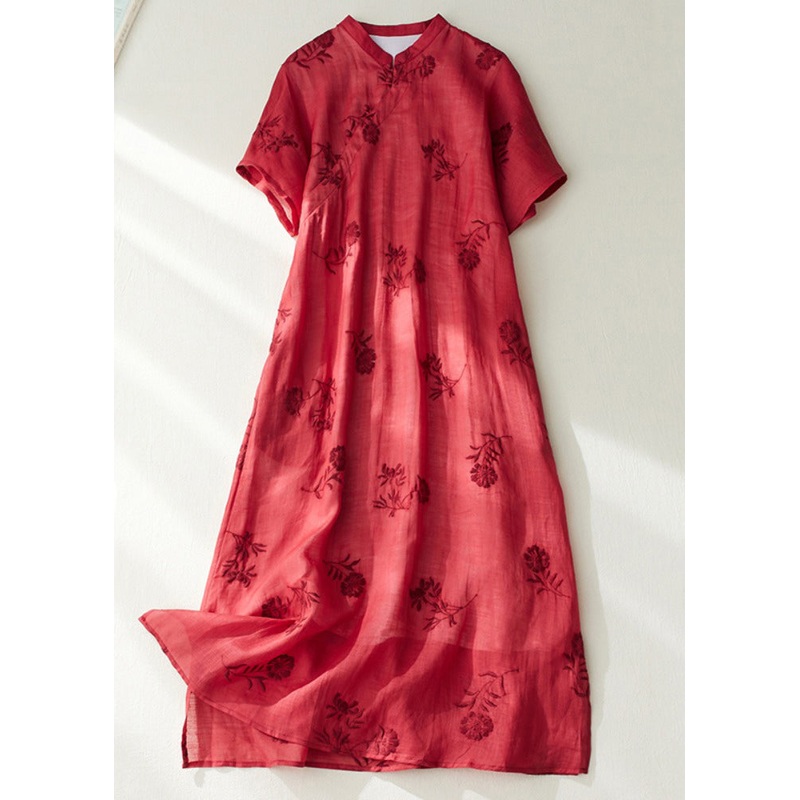 Vintage Red Stand Collar Side Open Layered Maxi Dress Short Sleeve