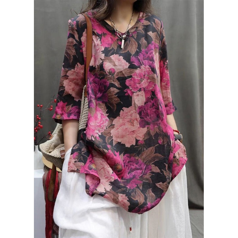 Vintage V Neck Print Low High Design Top Half Sleeve