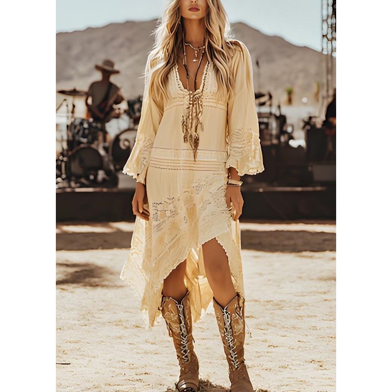 Women Beige Asymmetrical Lace Patchwork Cotton Dresses Spring