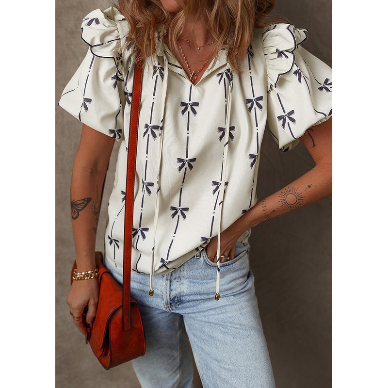 Women Beige Ruffled Puff Sleeve Print Chiffon Shirt Tops