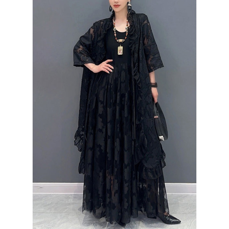 Women Black Ruffled Lace Up Patchwork Lace Two Piece Set Summer