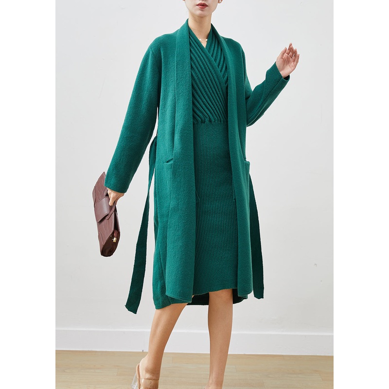 Women Blackish Green V Neck Thick Knit Women Sets 2 Pieces Winter