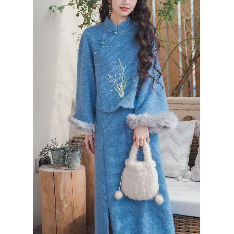 Women Blue Fur Collar Tops And Skirts Cotton Filled Two Pieces Set Winter