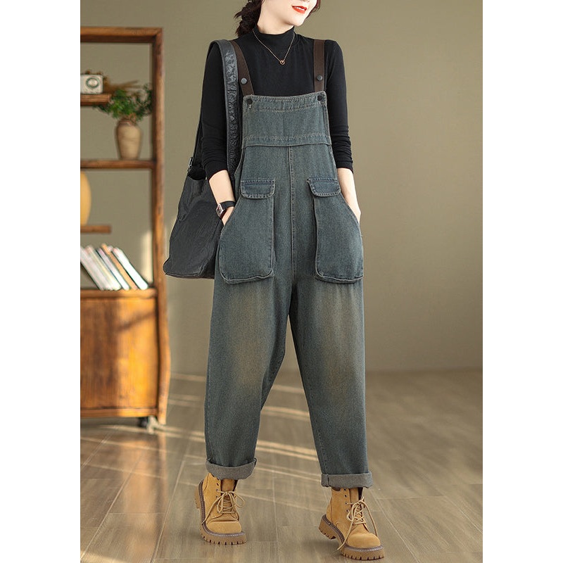 Women Blue Pockets High Waist Denim Jumpsuit Fall