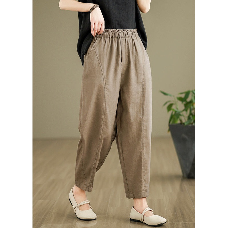 Women Camel Pockets Elastic Waist Cotton Pants Fall