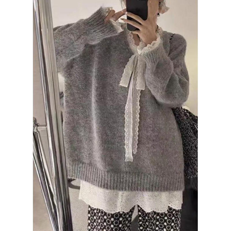 Women Grey Cozy Lace Patchwork Knit Sweater Winter