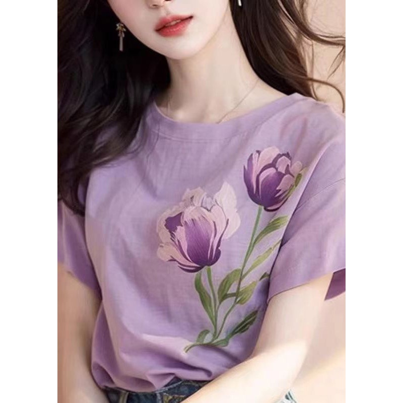 Women Purple O Neck Print Cotton T Shirt Short Sleeve
