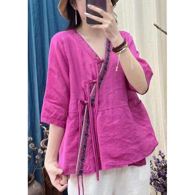 Women Rose V Neck Chinese Button Cotton Shirt Half Sleeve