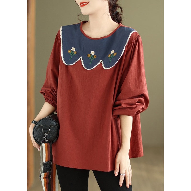 Women Rust Embroideried Patchwork Cotton Top Fall