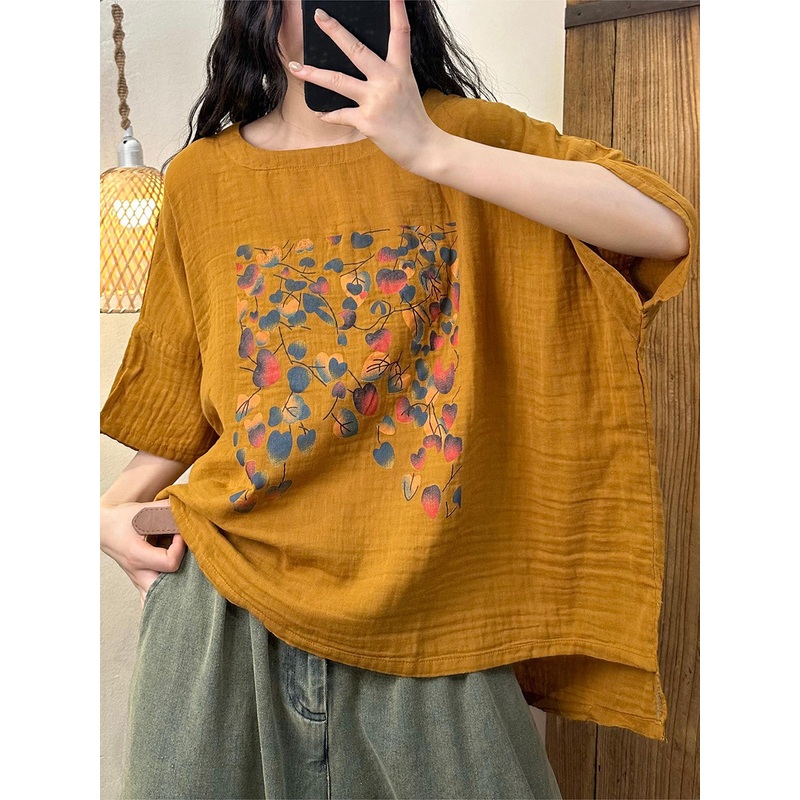 Women Yellow Casual Leaf Print O-neck Cotton Tops