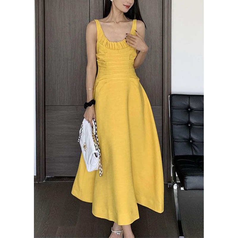 Women Yellow Wrinkled Solid Cotton Spaghetti Strap Dress Sleeveless