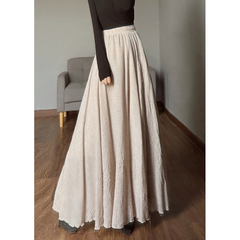 Beautiful Apricot Elastic Waist Exra Large Hem Linen Skirts Fall