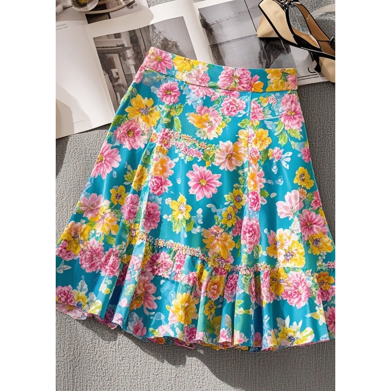 Beautiful Blue Floral Print Chiffon Wraped Skirts Summer