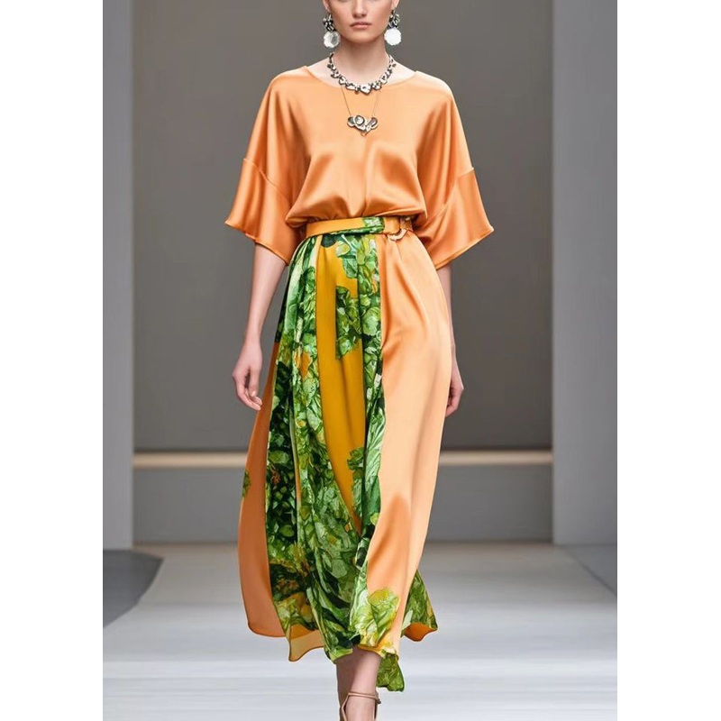 Beautiful Orange Cinched Patchwork Print Silk Long Dress Summer