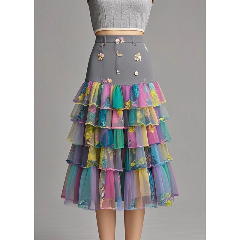 Beautiful Print Patchwork Layered Tulle Silm Fit Skirt Fall