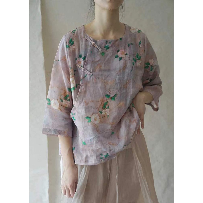 Beautiful Purple O-Neck Button Linen Shirt Half Sleeve