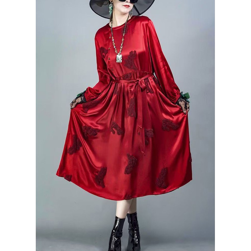 Beautiful Red O-Neck Tie Waist Silk Dresses Spring