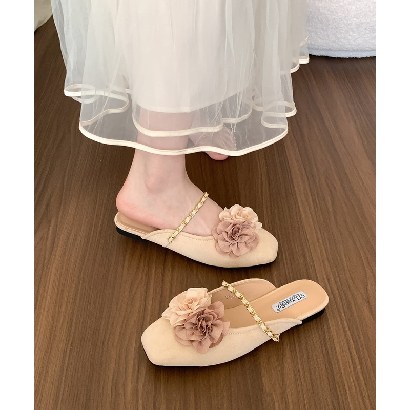 Beige Floral Suede New Retro Splicing Slide Sandals