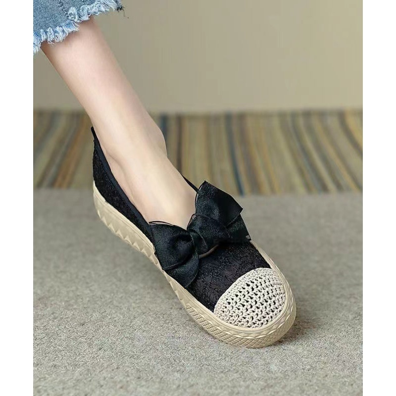 Black Bow Stylish Splicing Platform Flat Shoes For Women