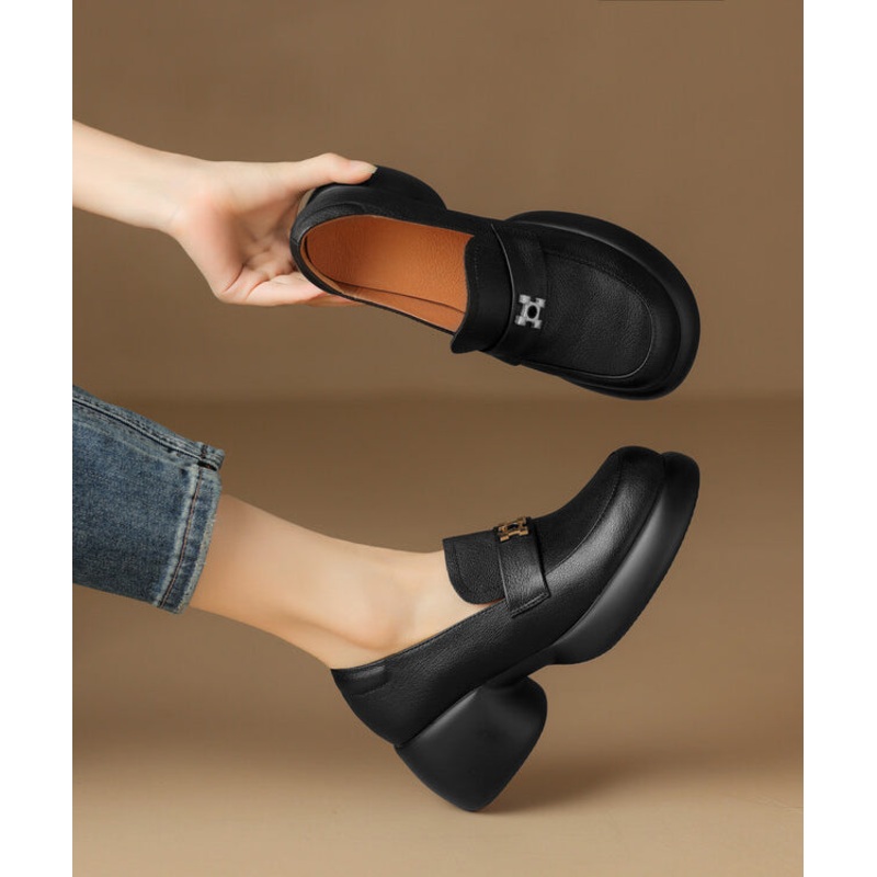Black Chunky Sheepskin Chic Splicing Loafer Shoes