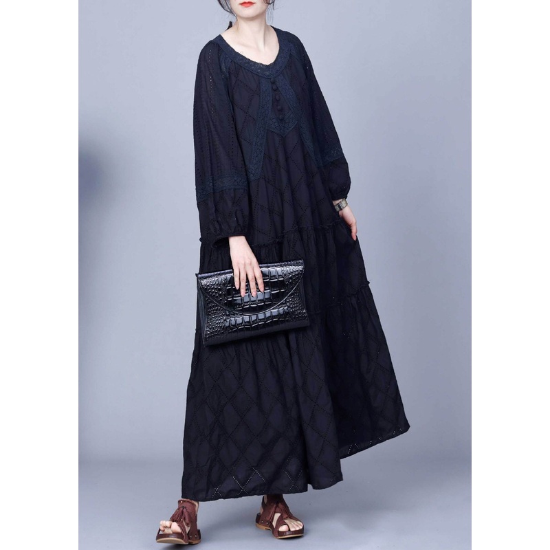 Black Hollow Out Cotton Two Pieces Set Embroidered Long Sleeve