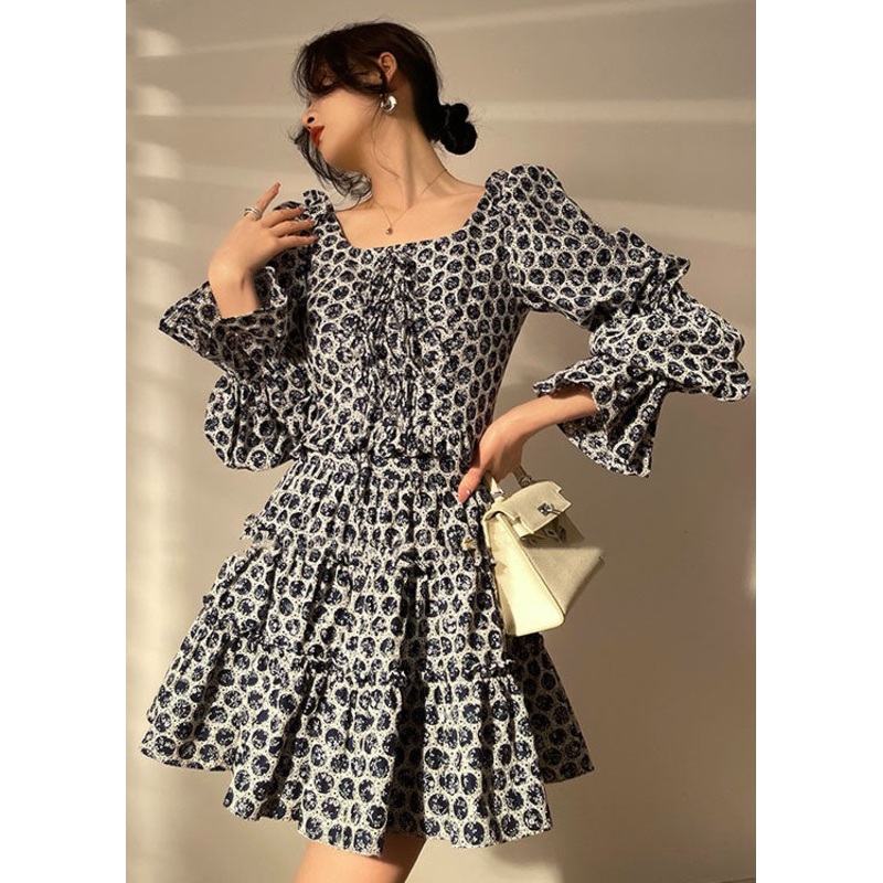 Black Print Cotton Pleated Dress Two Piece Set Women Clothing Lace Up Long Sleeve