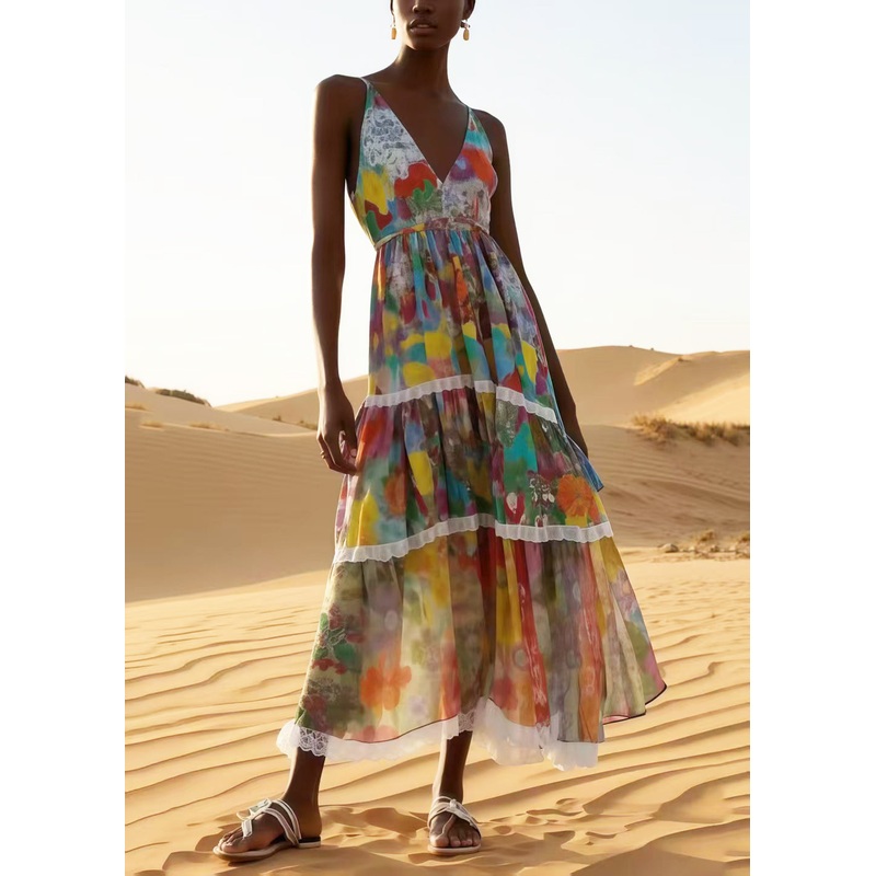 Bohemian Apricot Print Patchwork Lace Chiffon Sundress Summer